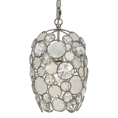 1 Light Antique Silver Coastal Mini Chandelier Draped In Natural White Capiz Shell + Hand Cut Crystal - C193-523-SA