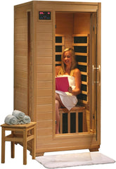 1 Person Infrared Sauna with 5 Carbon Heaters Ergonomic Back Rests EZ Touch Control Panel Recessed Interior Lighting and Sound System with CD player and AUX MP3