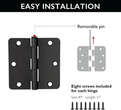 10-Pack 3.5-Inch x 3.5-Inch Interior Door Hinges with 1/4-Inch Radius, Matte Black, Heavy Duty Steel Construction