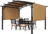 10 x 10 ft Outdoor Pergola, Arched Top Metal Pergola, Retractable Pergola with Sun Shade Canopy