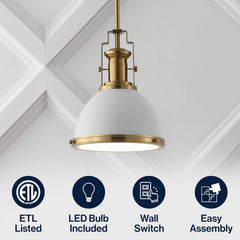 10" Brass Gold/White Modern Industrial Iron LED Dome Pendant Light, Adjustable Hanging Fixture for Kitchen Island or