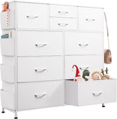 10 Drawer White Fabric Dresser , Side Pockets Chest | White Fabric chest of drawers with side pockets & hooks