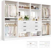 100" Wood Closet System with Drawers and Mirror, White | Large walk in wardrobe organizer with hanging rods and