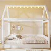 & Bright Designs Full Size Upholstered House Bed for Kids, Montessori Floor Bed with LED Light Strips, House Floor