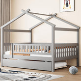 & Bright Designs House Bed with Trundle, Full Size Montessori Bed Frame with Fence Rails and Roof for Kids Girls &