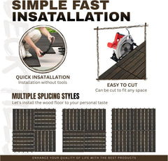 10 Pack of Interlocking Deck Tiles Striped Pattern, 12" x 12" Dark Brown Square Acacia Hardwood Outdoor Flooring for Patio, Bancony, Pool Side,...