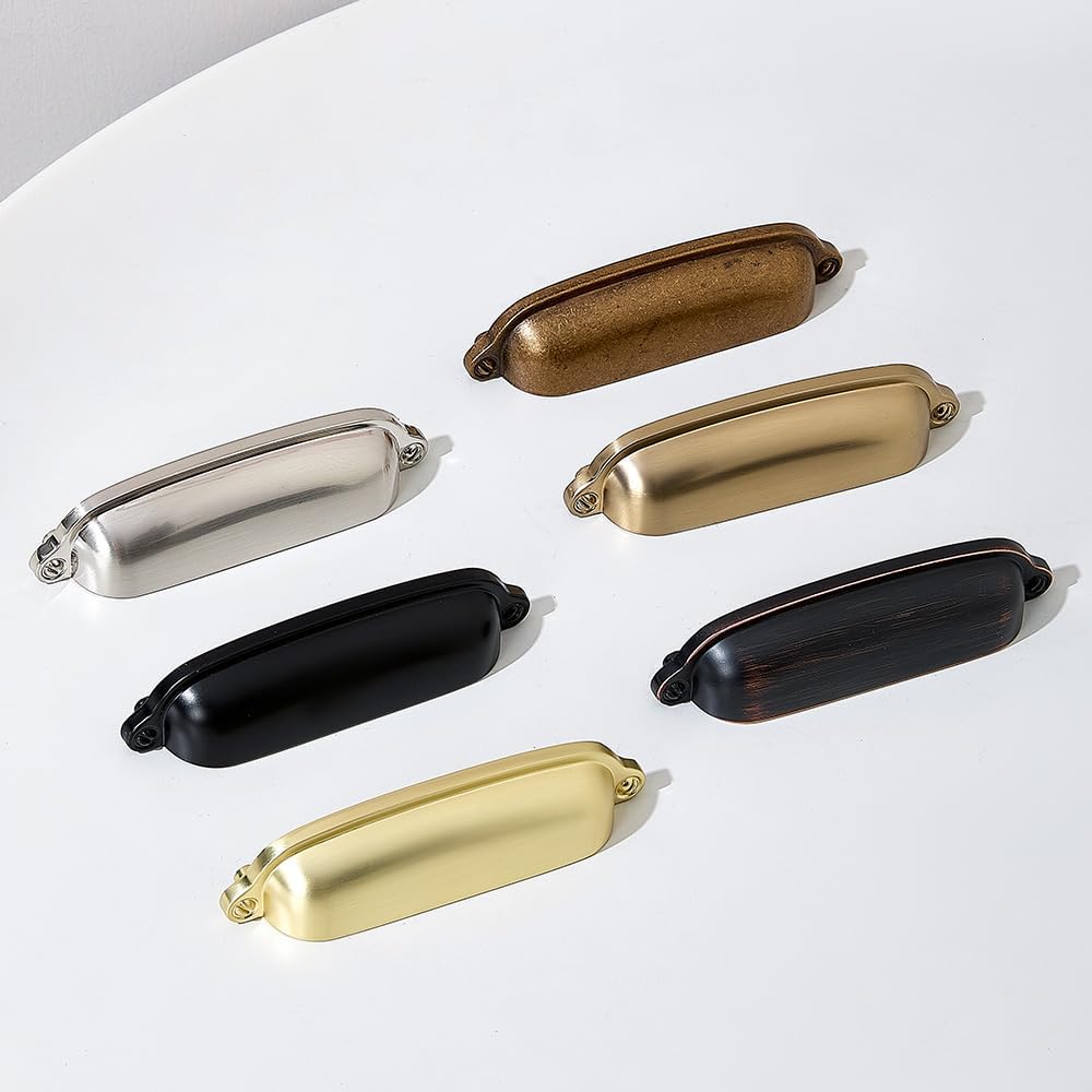 10 Pack Bin Cup Handle Pulls,Vintage Drawer Pulls,Cabinet Hardware,Shell Handle,3.78 Inch Brushed Gold