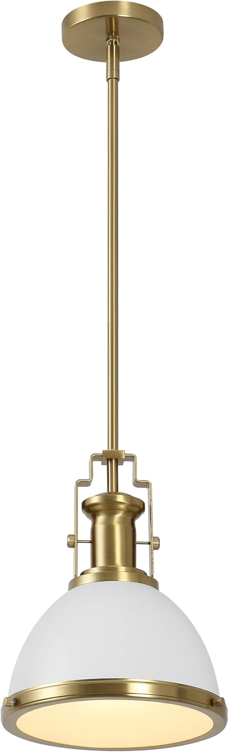 10" Brass Gold/White Modern Industrial Iron LED Dome Pendant Light, Adjustable Hanging Fixture for Kitchen Island or