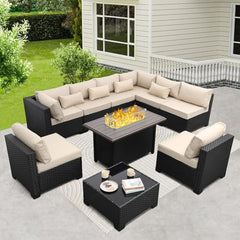 10-Piece Wicker Outdoor Patio Furniture Set | Khaki All-Weather Resistant for Patio, Garden & Porch