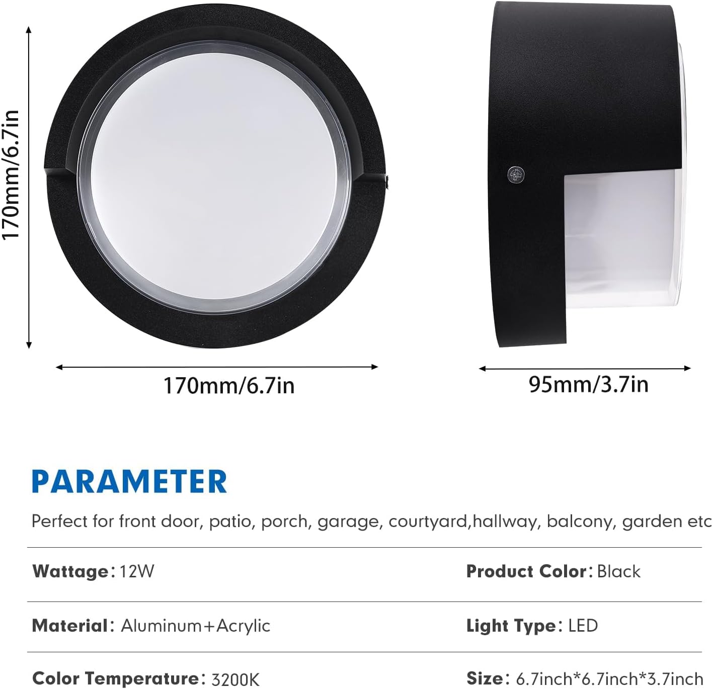 1 Pack Outdoor Wall Sconces, 6 Inch Modern Round LED Exterior Light Fixtures
