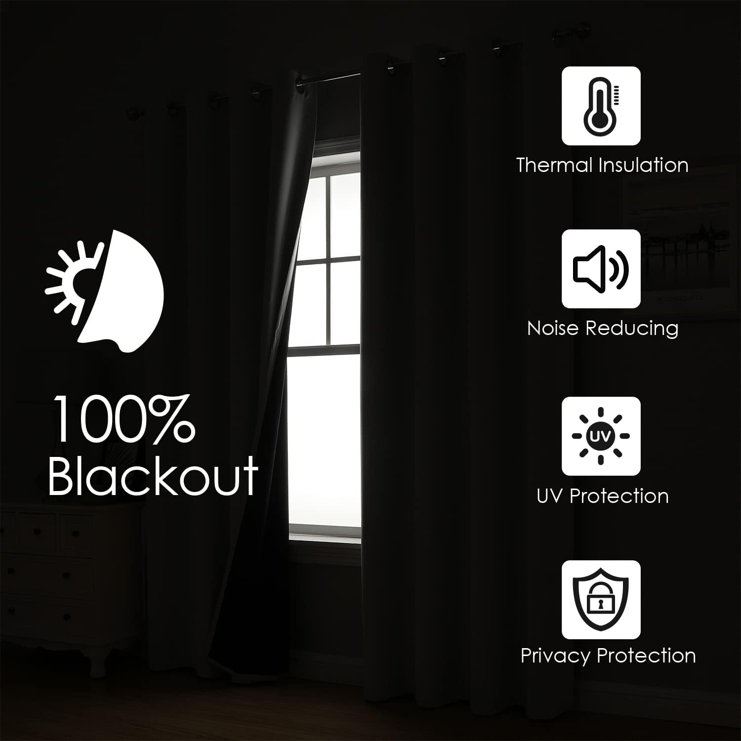 100% Blackout Curtains for Bedroom with Black Liner, 2 Thick Layers Total Blackout Thermal Insulated