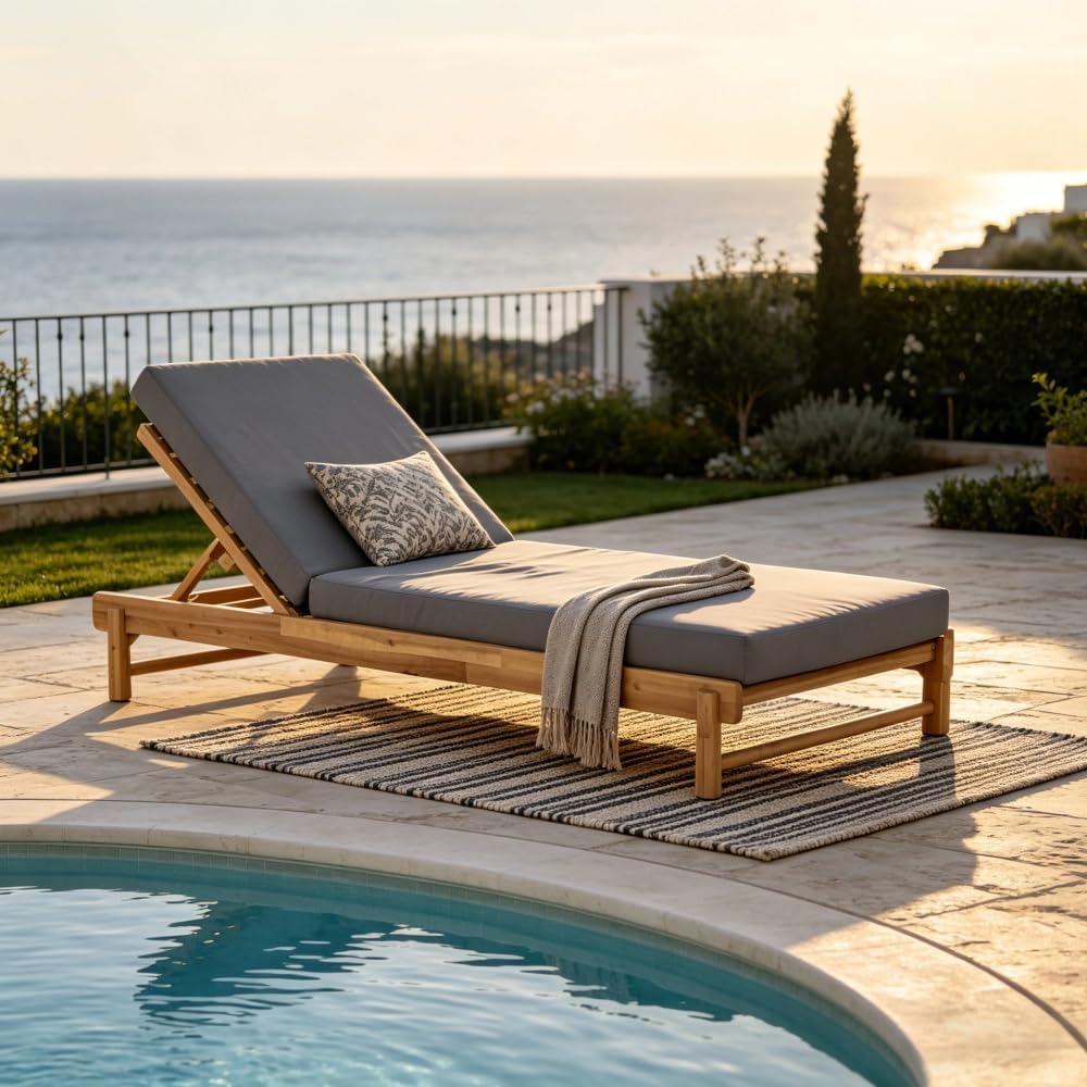 1 PC Acacia Wood Outdoor Chaise Lounge Chair with 2-Fold 4" Thick Water-Resistant Cushion, 3-Position Adjustable