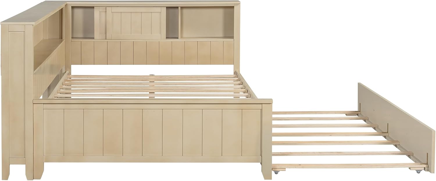 & Bright Designs Full Size Daybed with Trundle and Shelves, Wood Corner Bed Frame with Bookcase and Headboard for