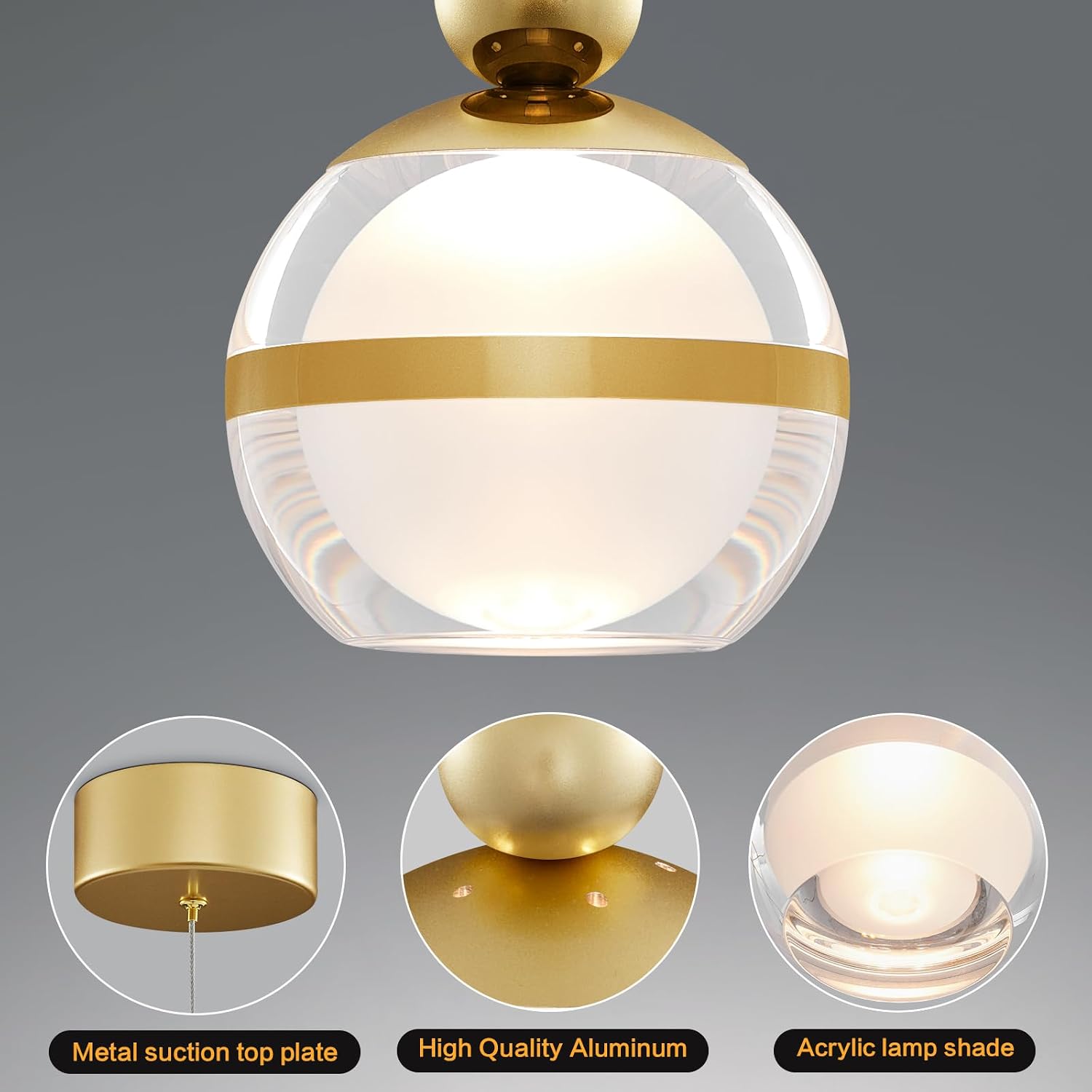 1-Light Gold Pendant Lights Kitchen Island Modern LED Ceiling Hanging Pendant Lights Acrylic Globe Pendant Light