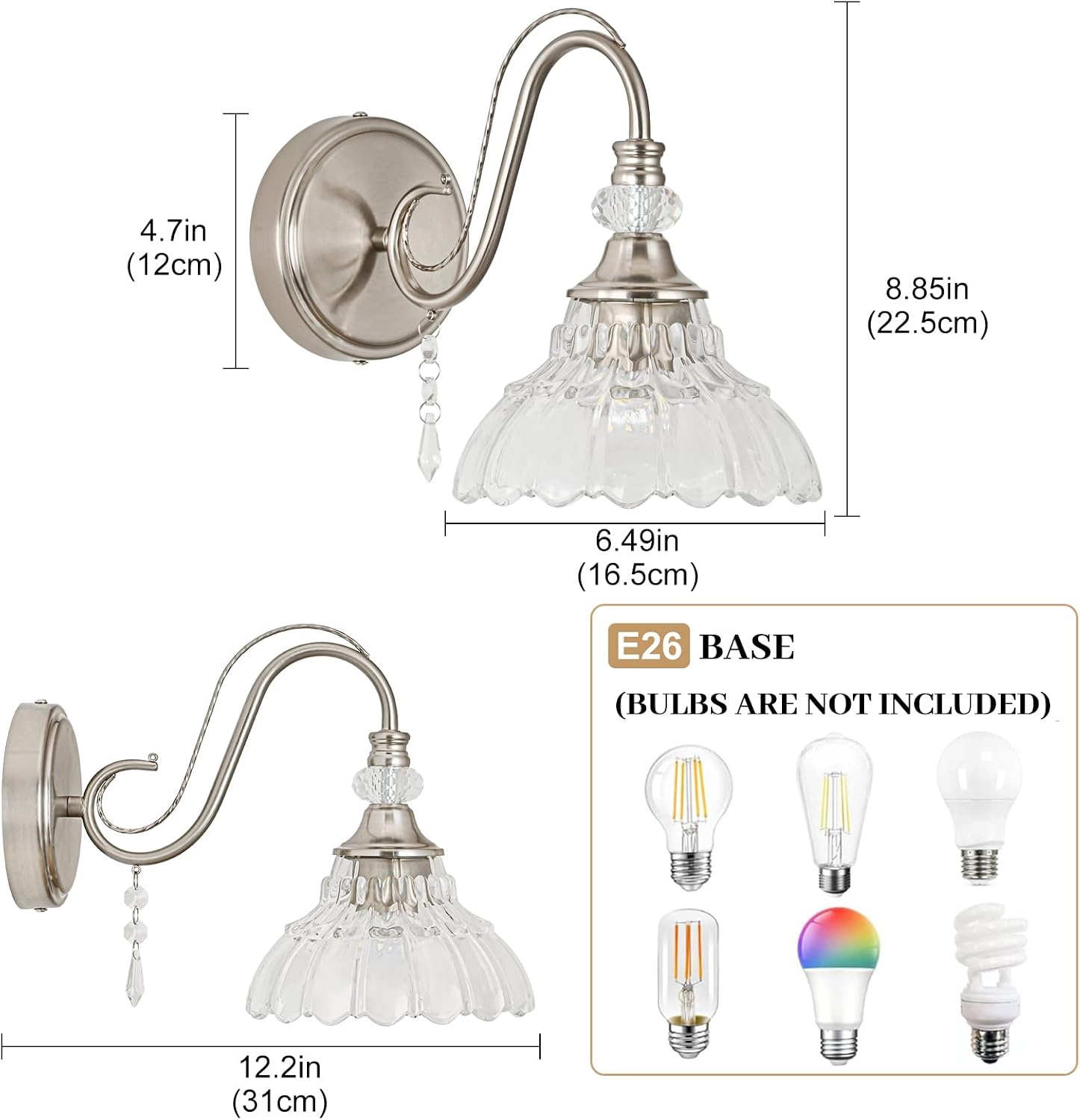 1 Piece Brushed Nickel Finish Wall Sconce, 1-Light Modern Wall Sconce with Hanging Crystal Accents and Flower-Shaped