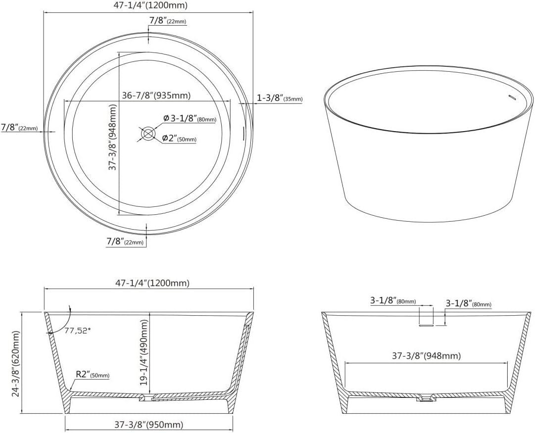 078 48" Round Luxury Stone Resin Solid Surface Freestanding Bathtub White Modern-Roud 48"