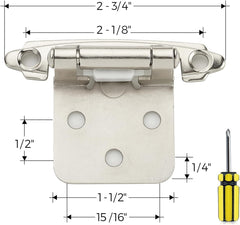 10 Pack 5 Pairs 1/2 Inch Overlay Cabinet Door Hinges Kitchen Satin Nickel Semi-Concealed Face Mount Self-Closing