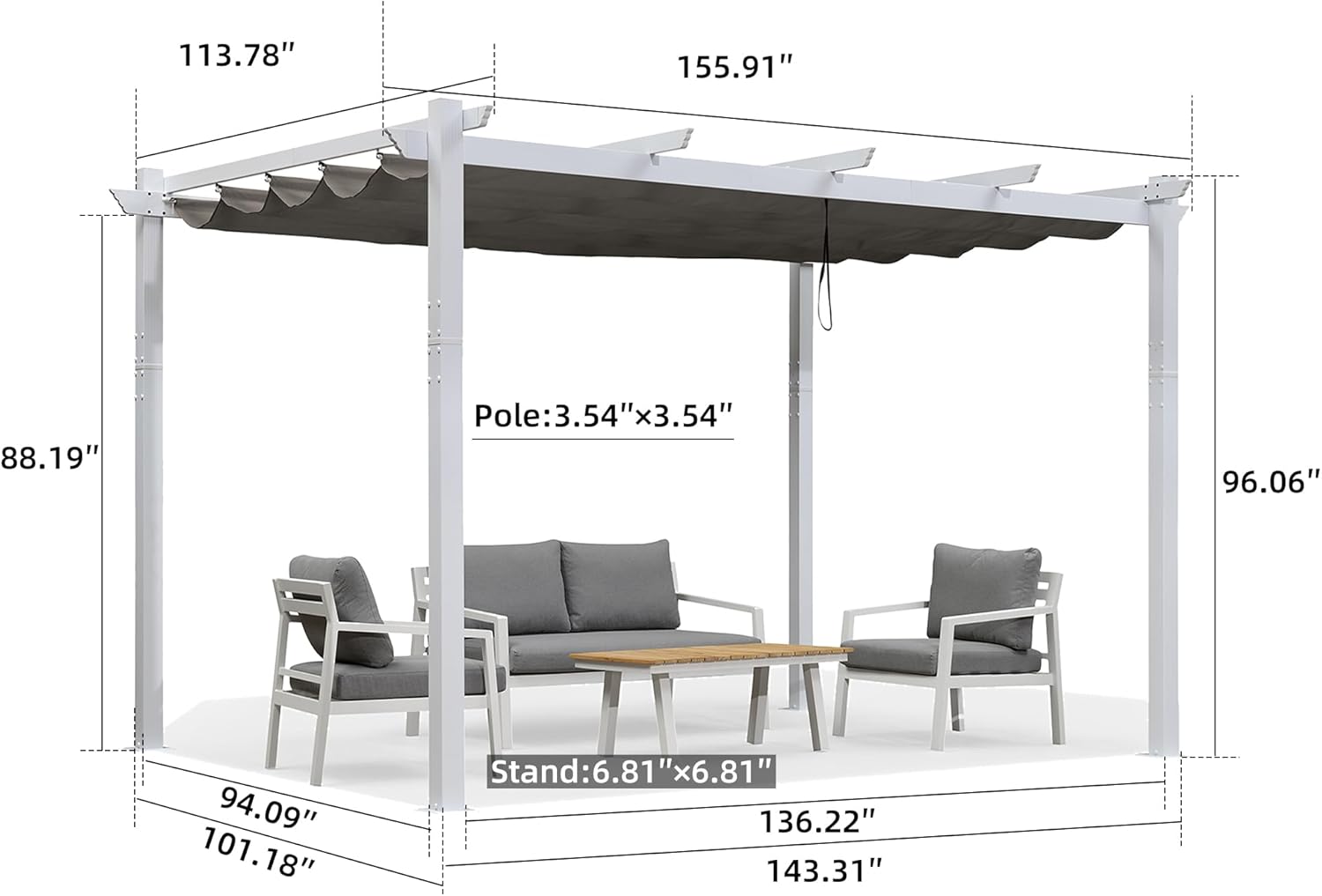10' x 13' Outdoor Retractable Pergola Heavy-Duty Aluminum White Pergola with Sun Shade Canopy Patio Modern Shelter for Garden Yard Deck Grape Trellis, Grey