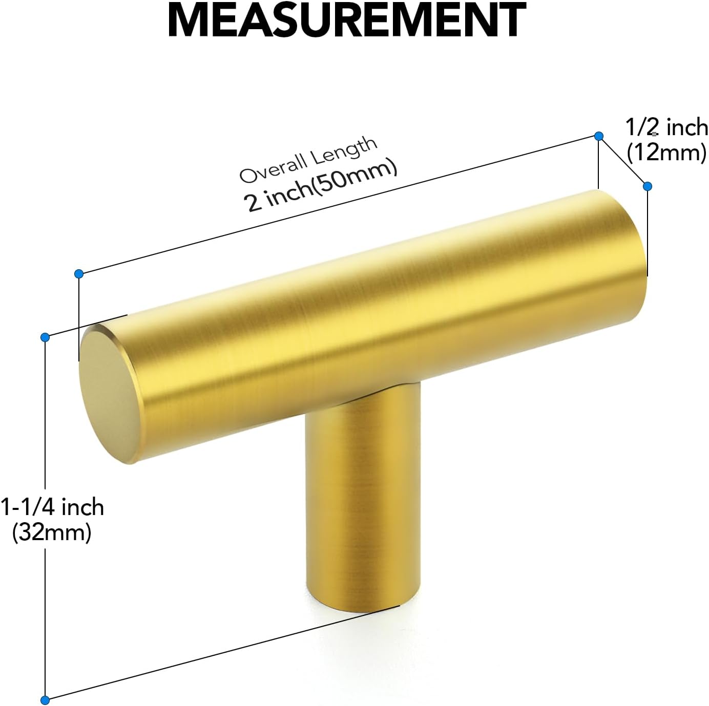 10 Pack Gold Cabinet Knobs 2 Inch - Brushed Brass Drawer Knobs Single Hole Gold T Bar Hardware Drawer Pulls Cabinets