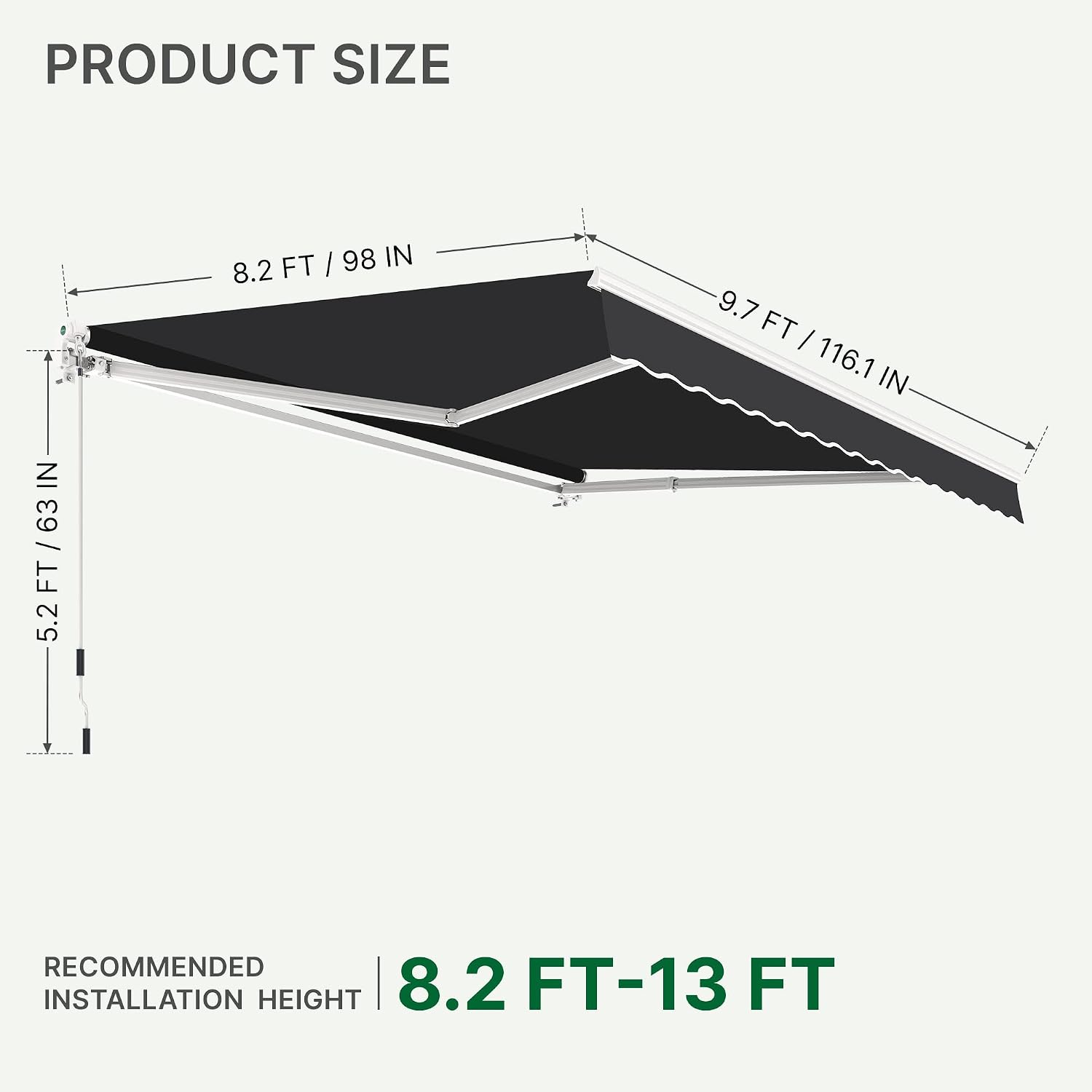 10'x8' Patio Manual Retractable Awning Fully Assembled, Dark Grey | Aluminum Frame, 280G Polyester, Water-Resistant