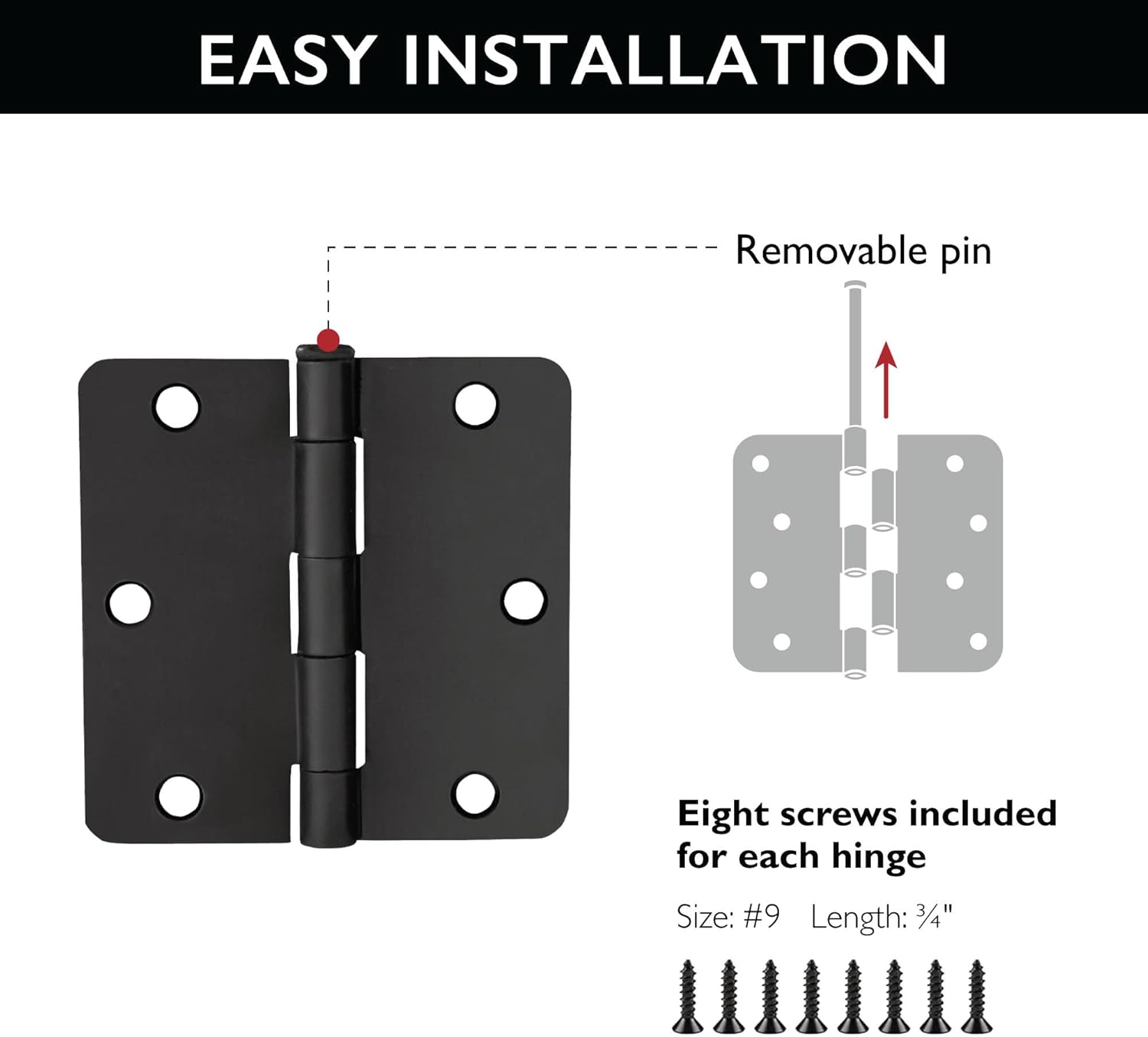 10-Pack 3.5-Inch x 3.5-Inch Interior Door Hinges with 1/4-Inch Radius, Matte Black, Heavy Duty Steel Construction