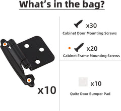 1/2" Overlay Matte Black Cabinet Hinges (5 Pair -10 Pcs) Self Closing Bath & Kitchen Cabinet Hinges Black Flush Mount