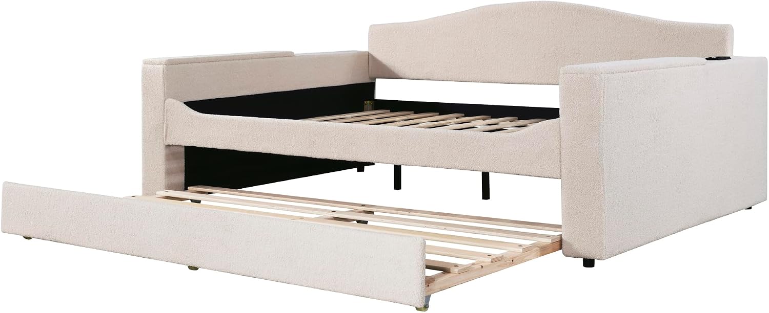 & Bright Designs Upholstered Daybed with Trundle, Full Size Day Bed Frame with Storage Armrests, USB Ports and