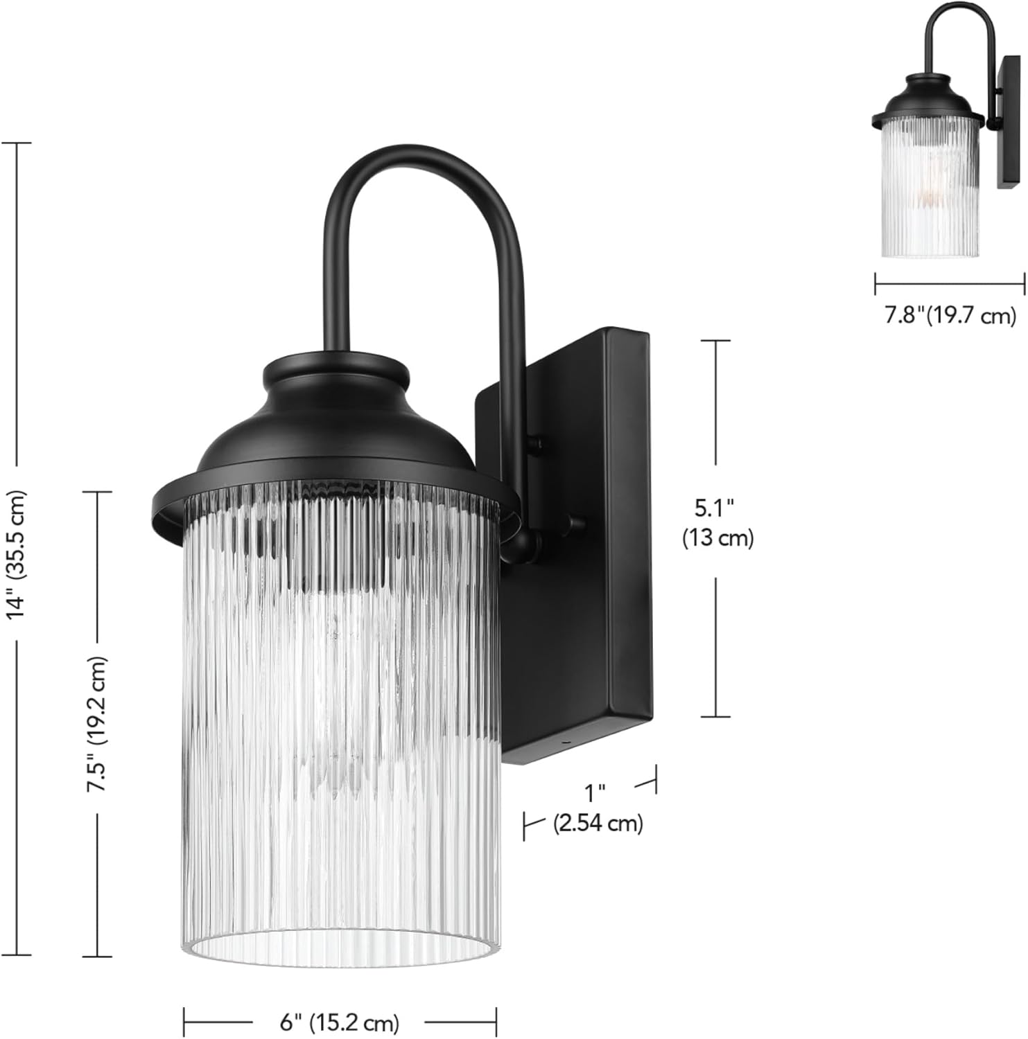 1-Light Outdoor Wall Sconce, Matte Black, Ribbed Glass Shade, Porch Light, Wall Lights for Living Room, Patio Decor, Apartment Essentials, Outside House Lights