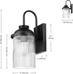 1-Light Outdoor Wall Sconce, Matte Black, Ribbed Glass Shade, Porch Light, Wall Lights for Living Room, Patio Decor, Apartment Essentials, Outside House Lights