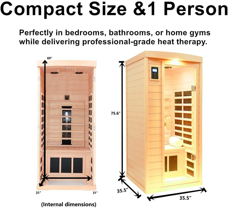 1 Person Infrared Sauna, Ceramic Low EMF FAR Infrared Indoor Sauna for Home, 1300w Canadian Hemlock Wood Saunas with Bluetooth Control, LCD Display, LED Reading Light