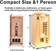 1 Person Infrared Sauna, Ceramic Low EMF FAR Infrared Indoor Sauna for Home, 1300w Canadian Hemlock Wood Saunas with Bluetooth Control, LCD Display, LED Reading Light