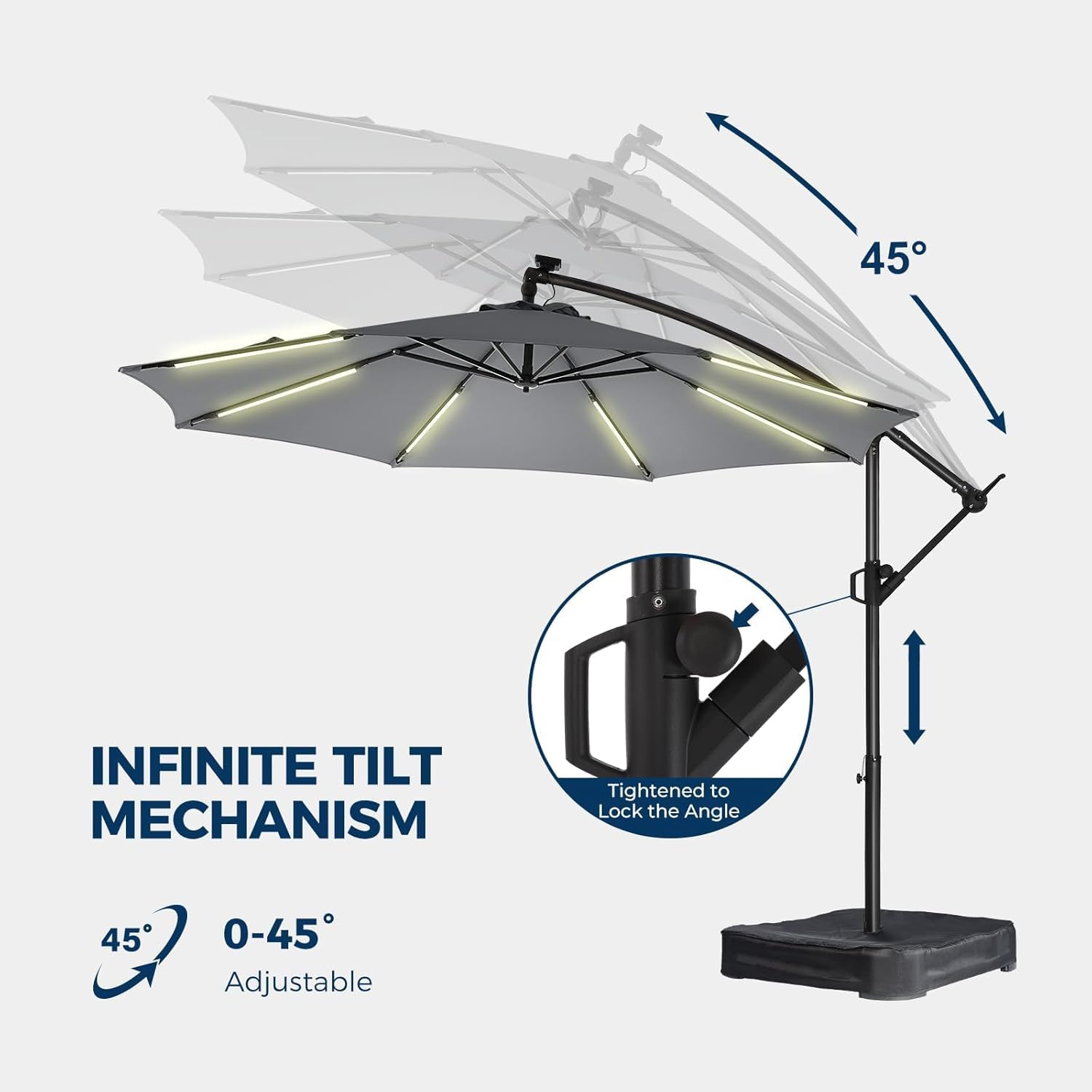 10 ft Offset Patio Umbrella with Solar Lights, LED Lighted Umbrella Outdoor Patio with Base Included