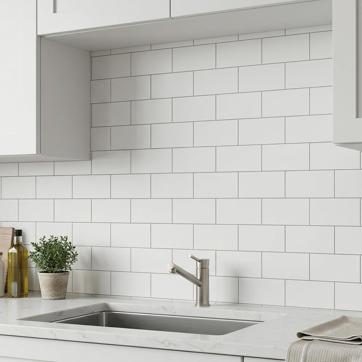 10- Sheet Polished White Peel and Stick Backsplash, 12''Luxury PVC Ceramic Look Self Stick Subway , Waterproof Peel