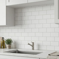 10- Sheet Polished White Peel and Stick Backsplash, 12''Luxury PVC Ceramic Look Self Stick Subway , Waterproof Peel