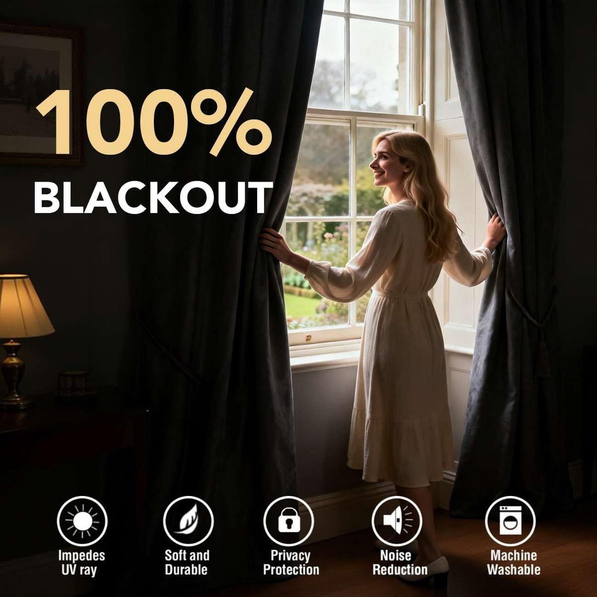 100% Blackout Curtains for Bedroom Grommet Linen Face Full Light Blocking Curtain Drapes for Living