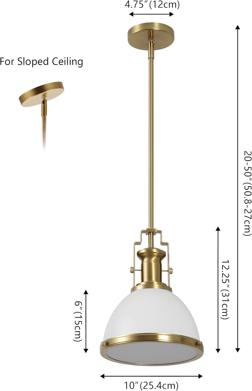 10" Brass Gold/White Modern Industrial Iron LED Dome Pendant Light, Adjustable Hanging Fixture for Kitchen Island or