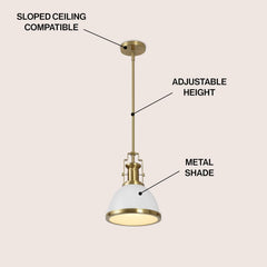 10" Brass Gold/White Modern Industrial Iron LED Dome Pendant Light, Adjustable Hanging Fixture for Kitchen Island or