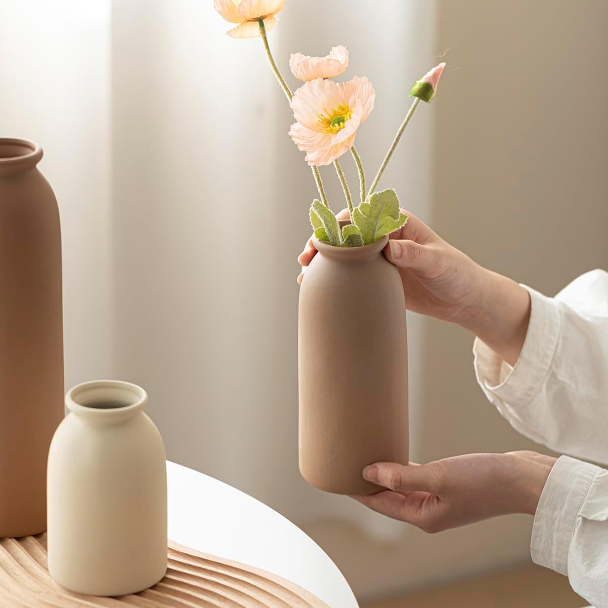 10.4 inches Tall Decorative Ceramic Vase Set, 3 Pieces, Nordic Modern Boho Style, White, Modern Farmhouse