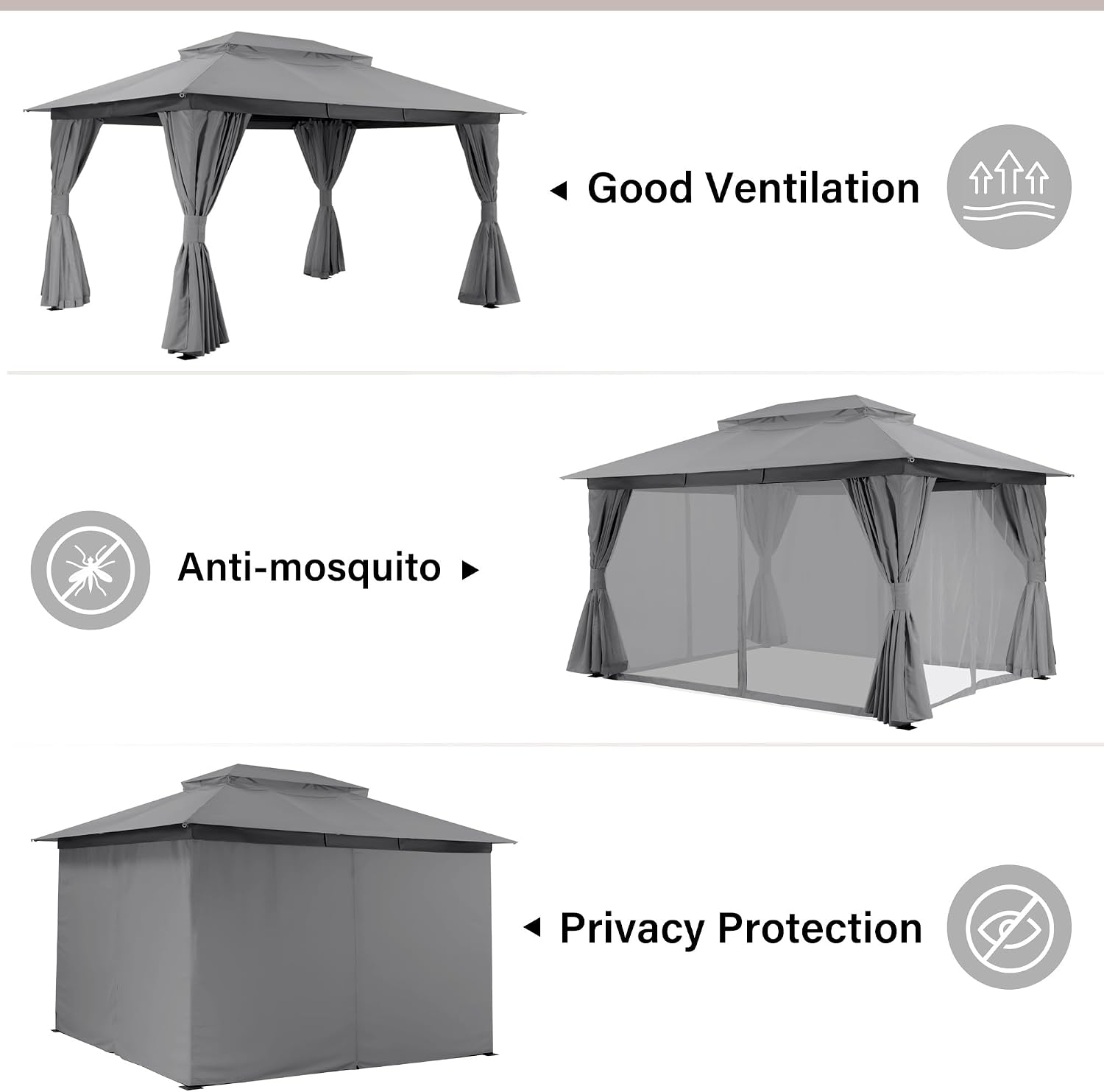 10'x13' Outdoor Gazebo, Metal Frame Heavy Duty Patio Canopy Tent Shelter with Double Roofs - Gray