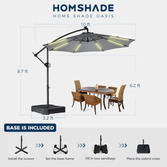 10 ft Offset Patio Umbrella with Solar Lights, LED Lighted Umbrella Outdoor Patio with Base Included