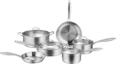 10-Piece Tri-Ply Stainless Steel Cookware Set | Induction-Ready, Glass Lids, Pots and Pans Kitchen Set, Riveted