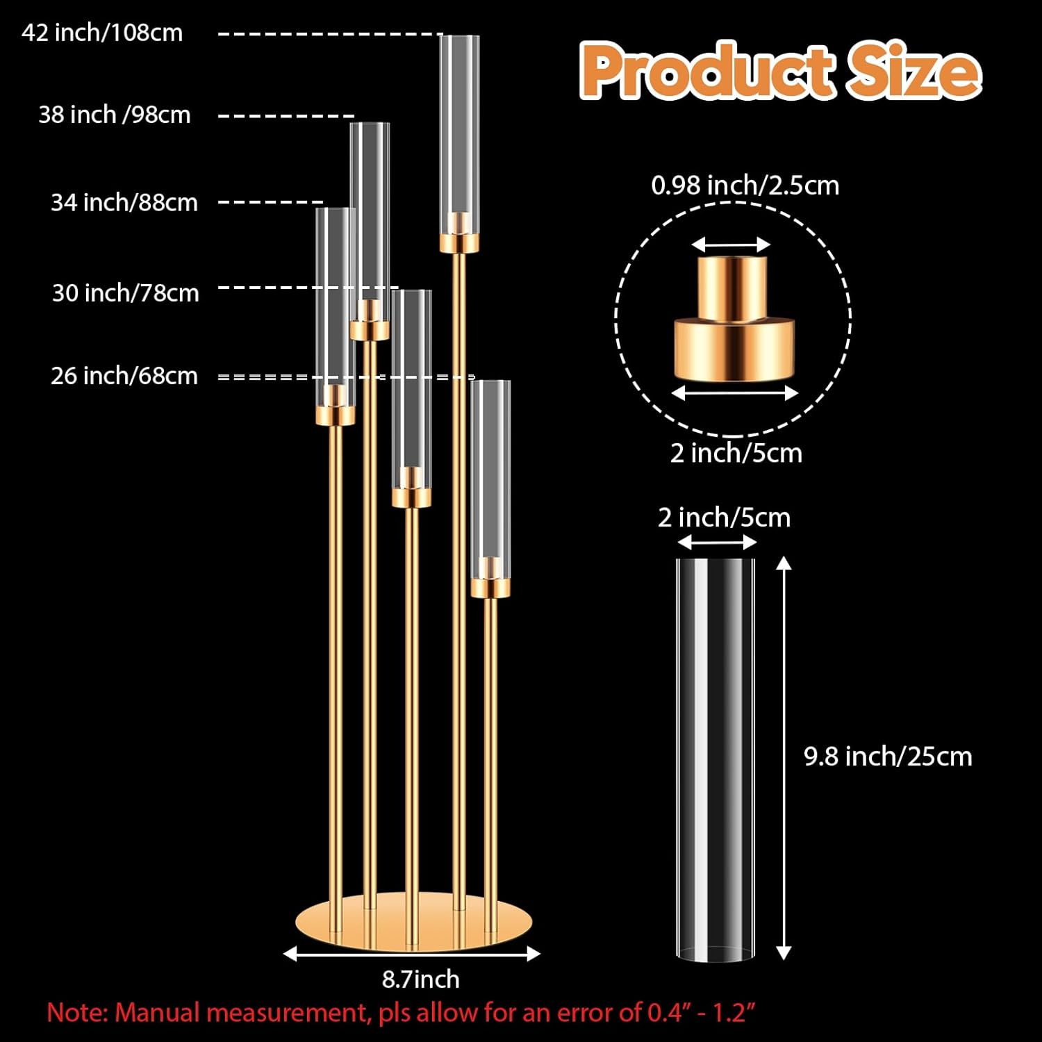 10 Sets 5 Arms Acrylic Candelabra for Tables,42'' Tall Candlesticks Holder with Lampshade,Wedding Centerpieces,Gold