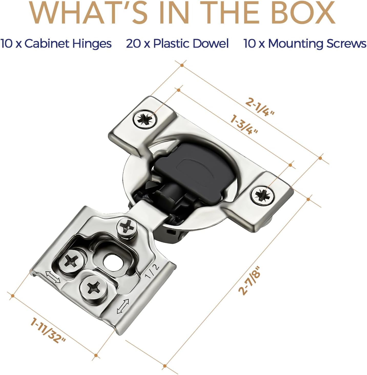 10 Pack 5 Pairs 1/2 inch Overlay Soft Close Hinges Hinges Satin Nickel Hidden Hinges Stainless Steel Concealed Hinge