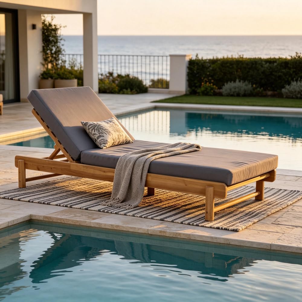 1 PC Acacia Wood Outdoor Chaise Lounge Chair with 2-Fold 4" Thick Water-Resistant Cushion, 3-Position Adjustable