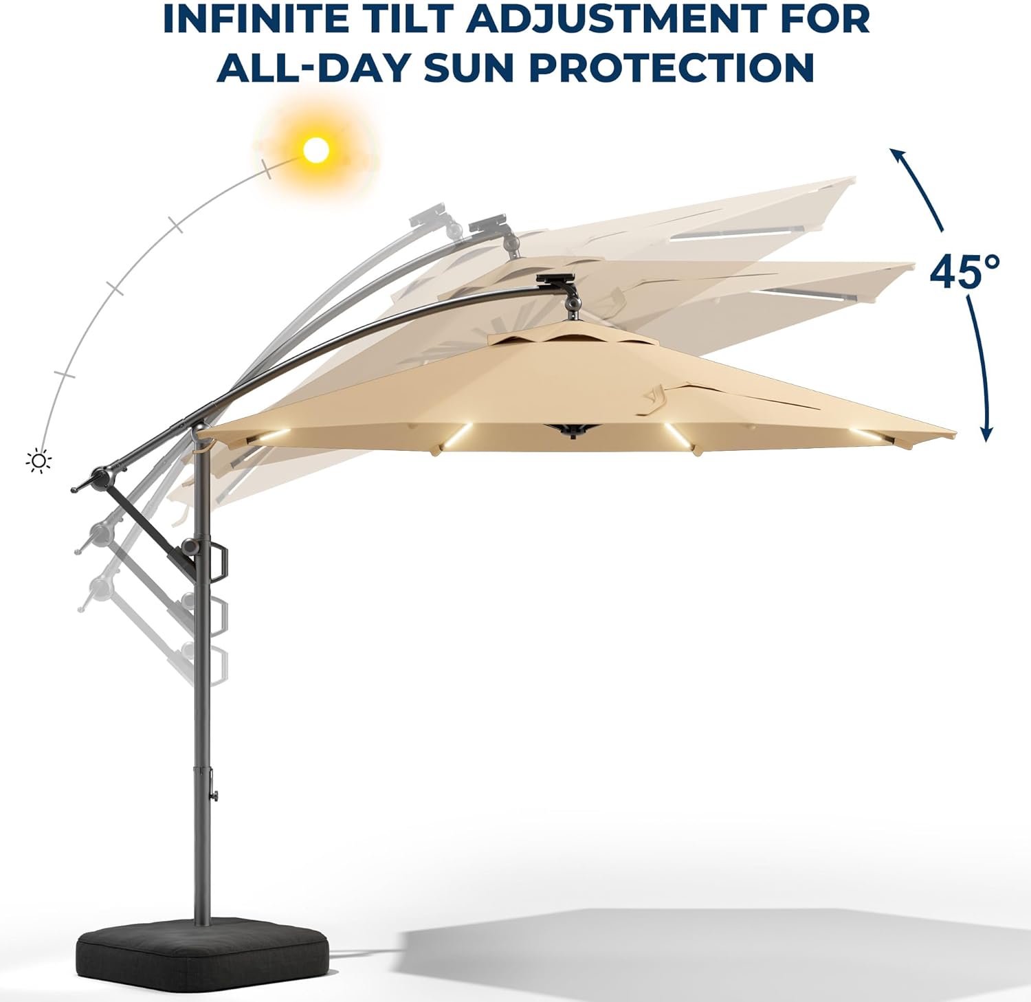 10 ft Offset Patio Umbrella with Solar Lights, LED Lighted Umbrella Outdoor Patio with Base Included - Beige