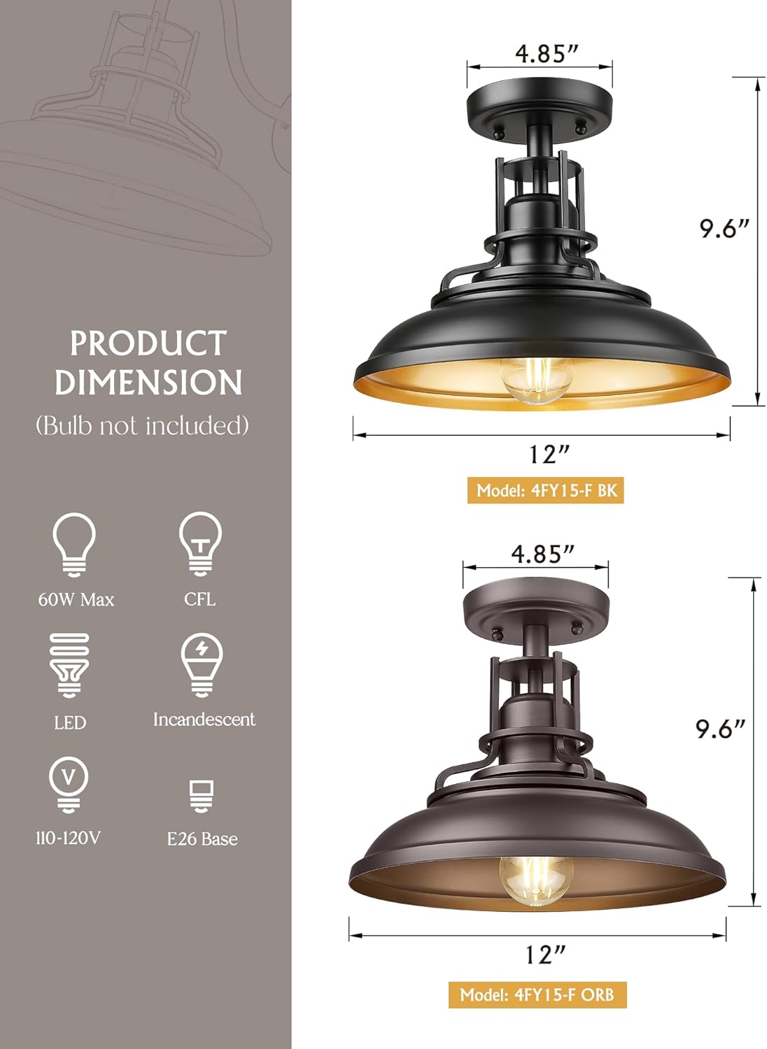 1-Light Semi Flush Mount Light Fixture, 12" Farmhouse Outdoor Ceiling Light for Hallway, Porch, Laundry, Foyer