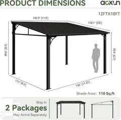 10' x 12' Hardtop Lean-to Gazebo, Wall-Mounted Pergola with Sloping Galvanized Steel Roof – Black