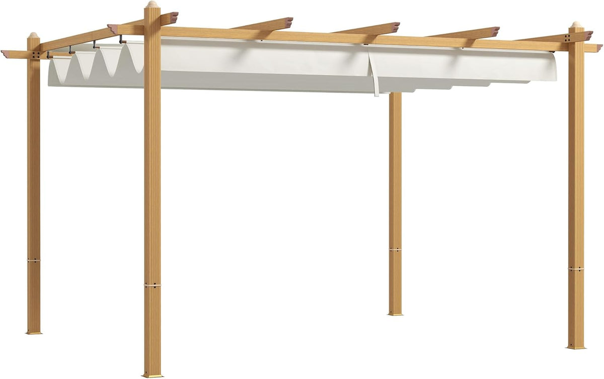 10' x 10' Retractable Pergola Canopy, Wood Grain Aluminum Pergola, Outdoor Sun Shade Shelter for Grill, Garden, Patio