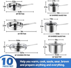 10-Piece Pots and Pans Set, Stainless Steel Cookware Set- Includes Ergonomic Handle Saucepans, Skillets, Dutch Oven