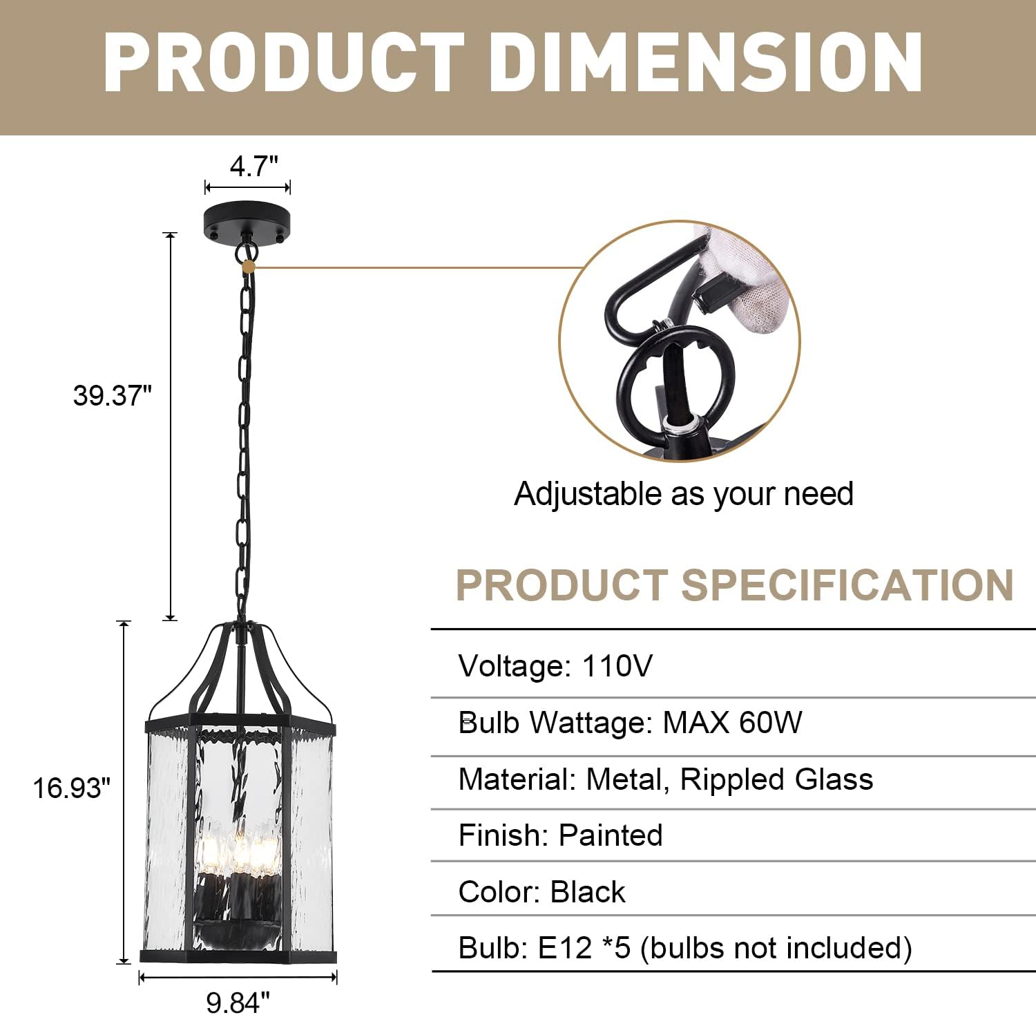 10" Modern 5-Light Exterior Black Lantern Pendant Light Fixture with Clear Rippled Glass Mini Industrial Hanging Cage